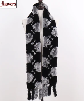

New Long Style Knitted Women Real Rex Rabbit Fur Scarves Lady Winter Warm Genuine Rex Rabbit Fur Scarves Tassel Real Fur Shawls
