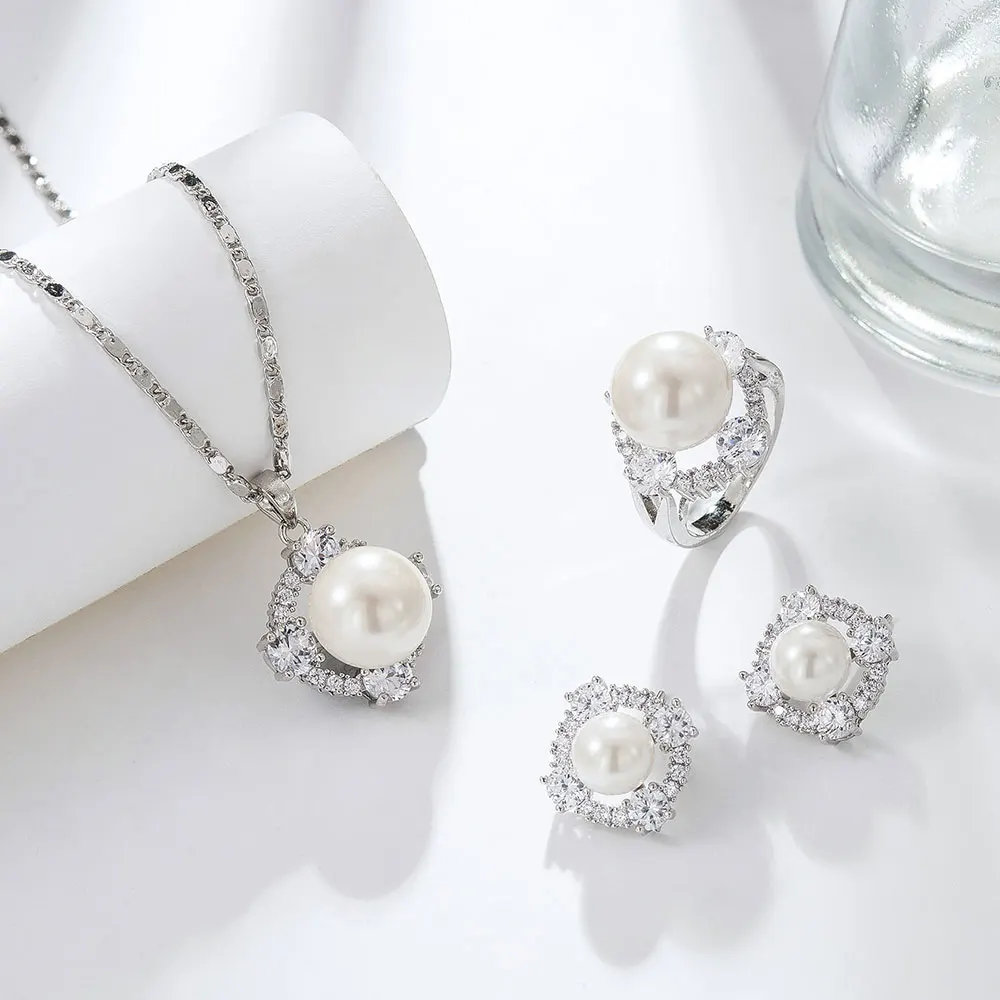 

Qggle Jewelry Set Silver Color Rhinestone Crystal Faux Pearl for Women Pendant Necklace Earrings Ring