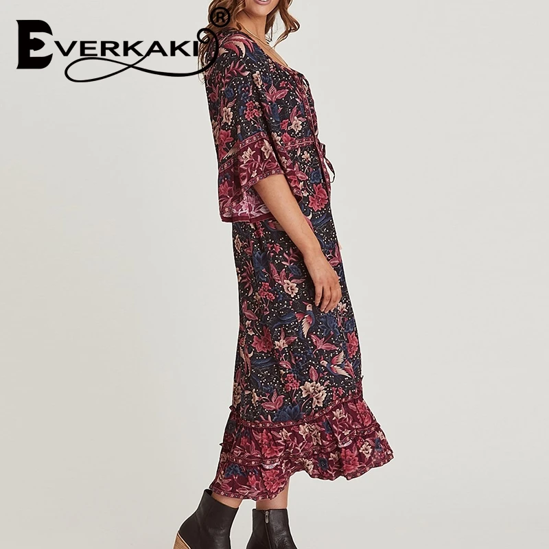 Everkaki Boho Винтаж феникс птица печати Макси платье для женщин Новая мода кисточкой пояса однобортный пляжные Длинные платья Vestido