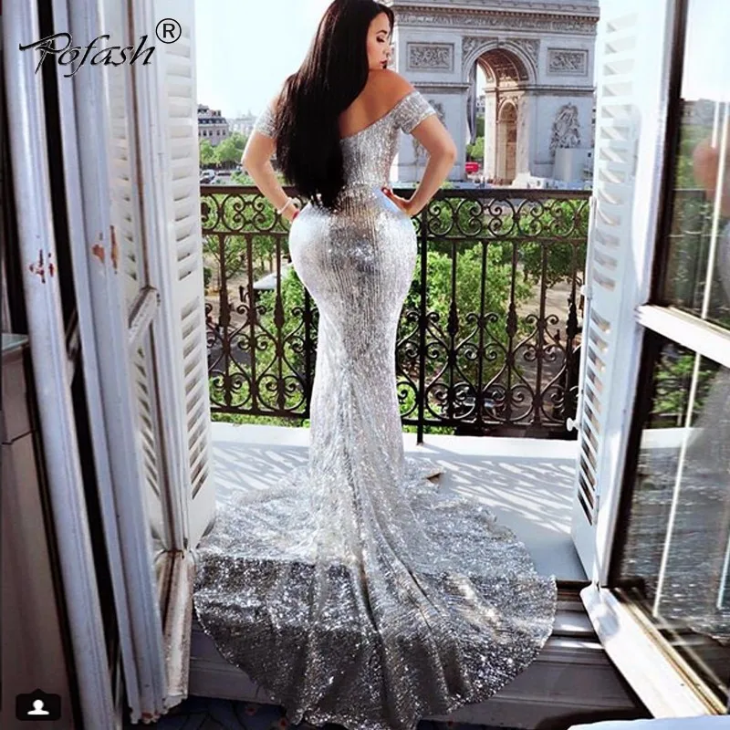 

POFASH Strapless Sequins Dress 2018 Women's Maxi Dresses Slim Elegant Fit and Flare Formal Long Sheath Dresses Prom Party Dress