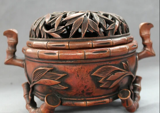 

JP S0608 9" Chinese Red Bronze Buddhist Bamboo Pole Leaf Statue Box Incense Burner Censer