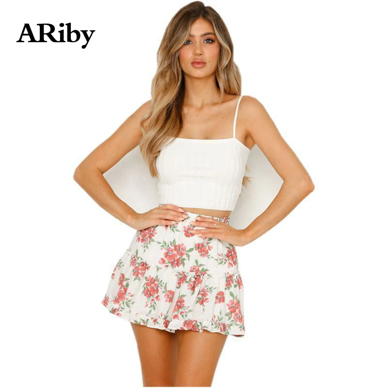 

ARiby Women Floral Mini White Skirt 2019 New Spring and Summer Prairie Chic Chiffon Flower Printed Pleated A-Line Short Skirt