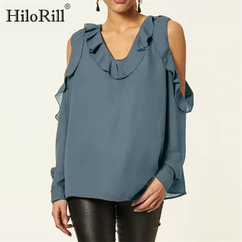 

2020 Blouse Women Ruffles V Neck Chiffon Blouse Cold Shoulder Tops Casual Long Sleeve Office Shirt Solid Loose Elegant Blouses