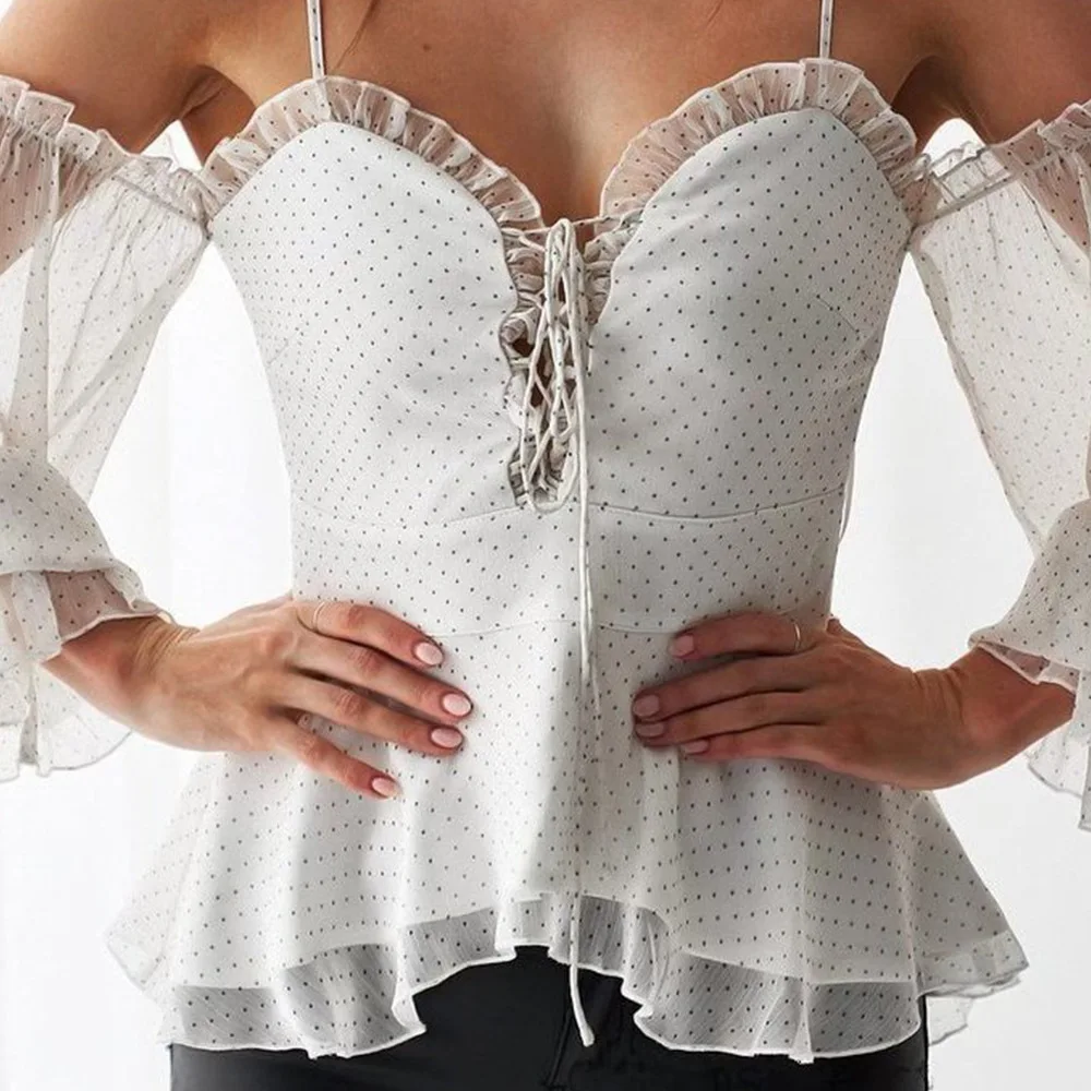 

Vintage Chiffon Strapless Flare Sleeve Dots Sexy Spaghetti Strap Women's Laides Tops Tees T-Shirts