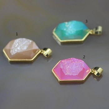 

5Pcs/lot,Gold Edges Drusy Geode Faceted Slab Nugget Charms,Titanium Raw Agates Druzy Hexagon Slice Nugget Pendants Jewelry