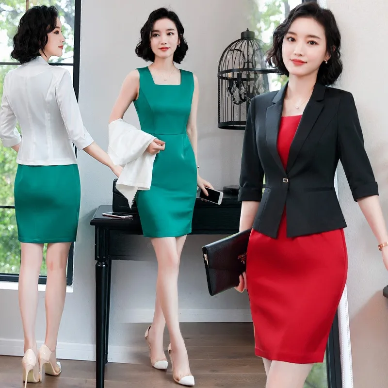 

2018 Formal Elegant Female Women's Blazers Dresses Work Suits Set Ladies office Work Evening Dress Jacket business Costumes Suit