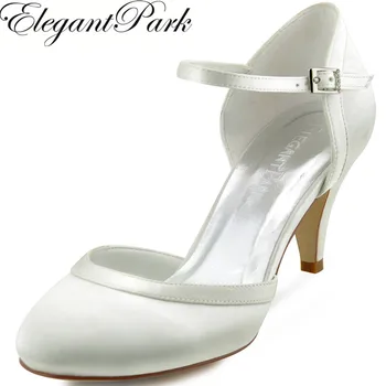 

Women White Ivory Bridal Wedding Shoes Closed Toe Comfort Mid Heels Pumps Satin Bride Ladies Woman Shoes Buckle HC1509