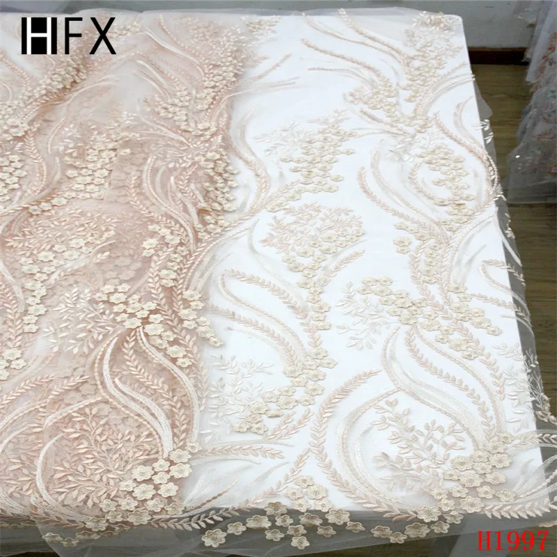 

HFX African Lace Embroidered Indian 5 Yards Net Lace High Quality Peach/Gold Nigeria African Lace Fabrics for Bridal Dress X1997