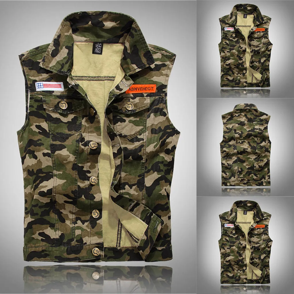 

Men's New Fashion Denim Camouflage Vest Casual Cowboy Jacket In Shoulder
