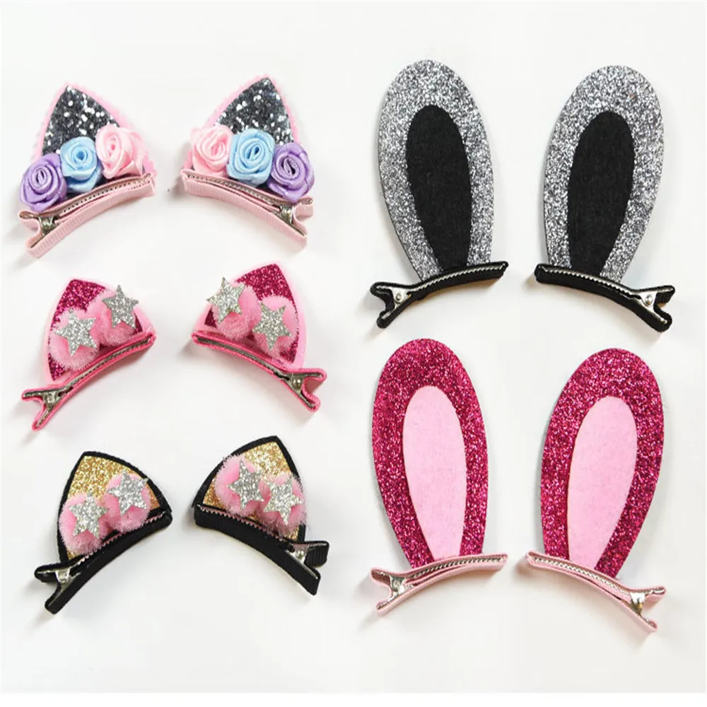 2019 Kids Girls Hair Clips Glitter Rainbow Felt Fabric Flowers Hairpins