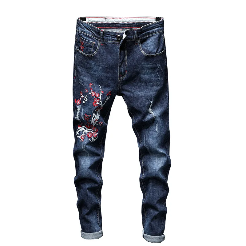 2019 Jeans Men's Ripped Chinese Style Embroidery Skinny Denim Pants ...