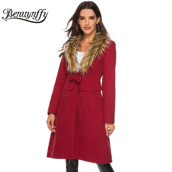 

Benuynffy Women's Elegant Faux Fur Collar Woolen Coat Autumn Winter Ladies Burgundy Bow Button High Street Knee Length Coats