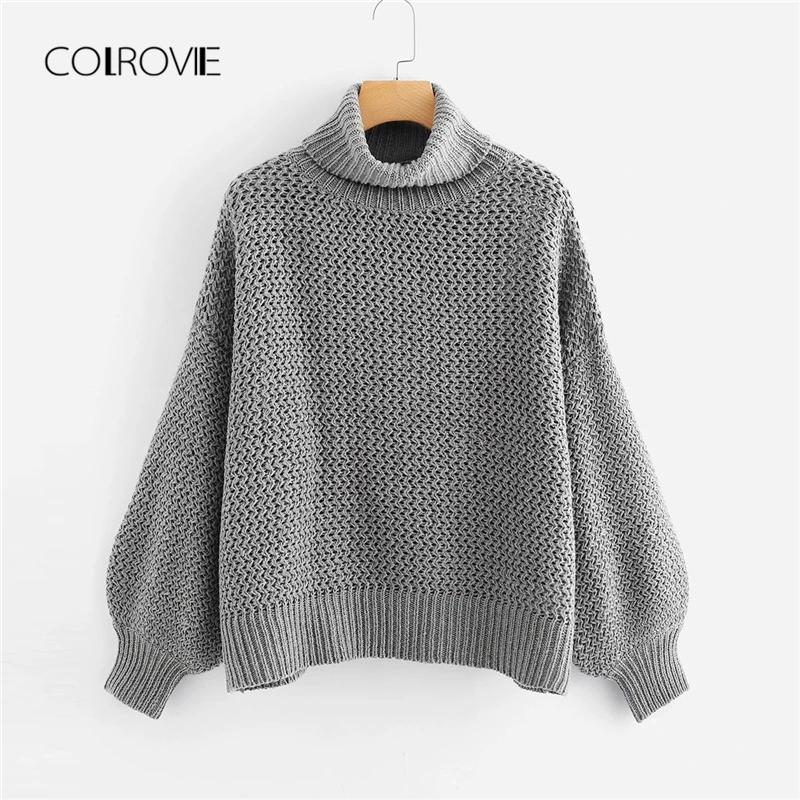 

COLROVIE Grey Turtleneck Bishop Sleeve Textured Korean Winter Sweater Women Clothes 2018 Autumn Office Pullover Casual Jumper