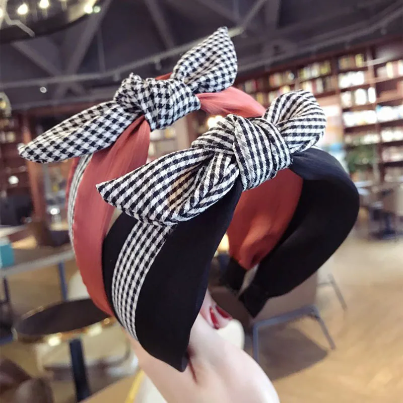 

New High Quality Hit Color Classic Lattice Plaid Hair Accessories for Women Rabbit Ear Hairbands Flower Bows Crown Headbands