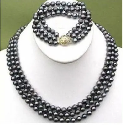 

SHIPPING HOT sell new Style >>>>triple strands AAA 8-9mm natural south sea black pearl necklace bracelet set 18