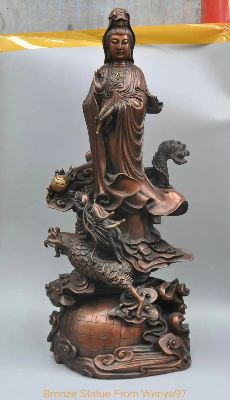30'' China Kwan yin Guanyin Bodhisattva Buddha Dragon Global Map Bronze