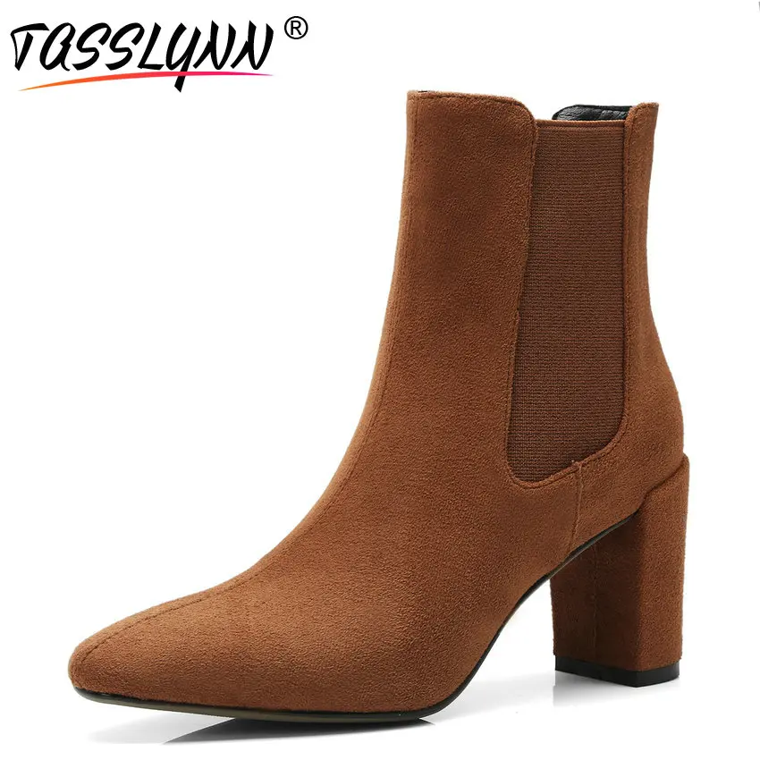 

TASSLYNN 2018 Women Ankle Boots Fashion Cow Suede Pointed Toe Sewing Woman Winter Shoes Elegant Square Heels Women Shoes 34-43