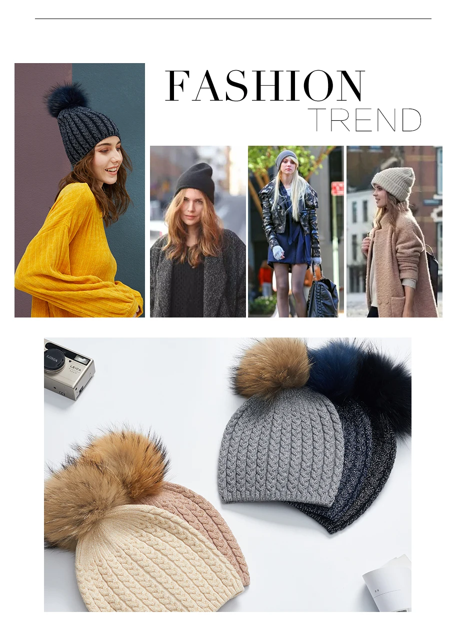 Winter Hats For Women Warm Beanie Real Fur Pompom Wool Hat Female Twist-Type Cap Bright Silk Beanies Women's Hat 5 Colors (3)