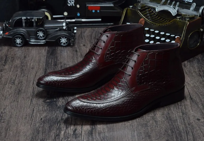 Модные черные/коричневые ботильоны из крокодиловой кожи; ботинки из натуральной кожи; Мужские модельные ботинки