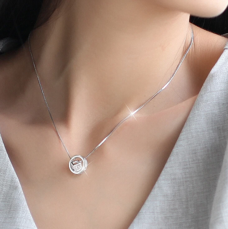 

925 Sterling Silver Jewelry Crystal Box Cube Rhinestones Choker Statement Necklace Women Round Circle Necklaces Pendants