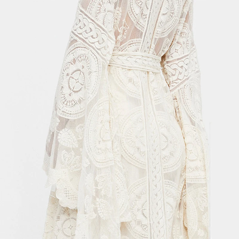 Bohemia Flare Sleeve Sexy White Lace Long Kimono Cardigan Shirt Tops Beach Clothes Boho Shirts Womens Blouses Autumn Outwear