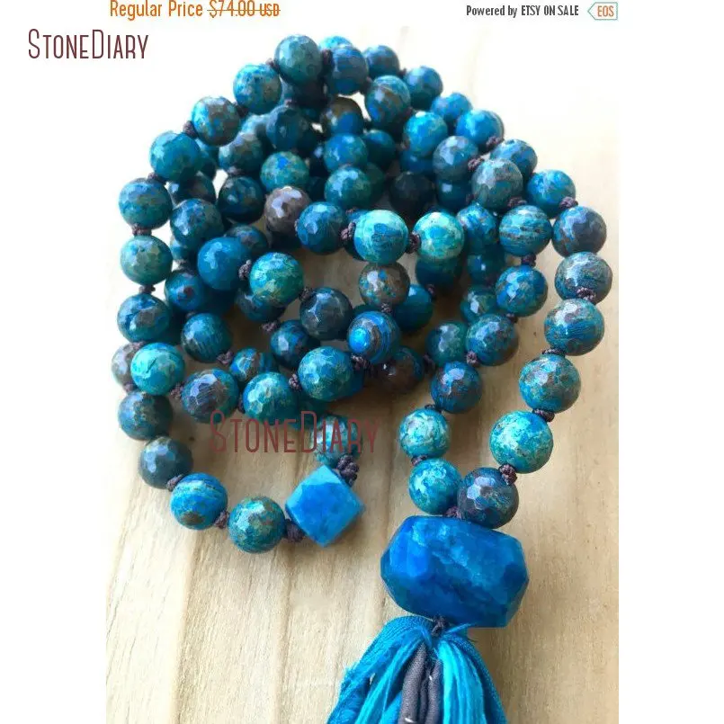 20180313-NM11103-Faceted Striated Jasper, Chrysocolla Mala Beads Protection Throat Chakra Yoga Jewelry Meditation Silk Sari Tassel Necklace