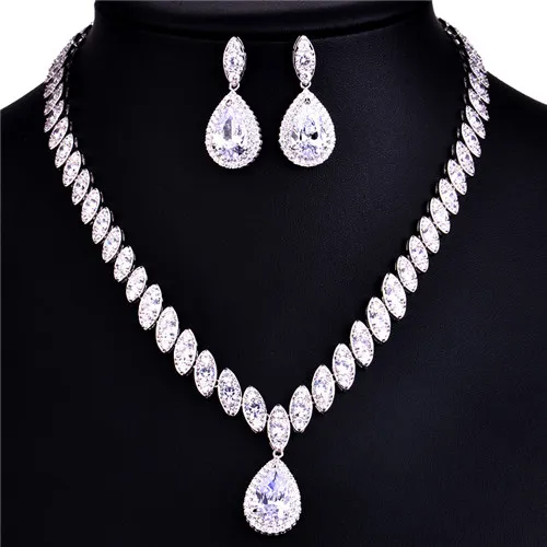 925 Sterling Silver Platinum Plate Luxury Diamond Women Wedding Jewelry Set Red/Green/Blue/White CZ Drop Earring Choker Necklace - Цвет камня: Белый