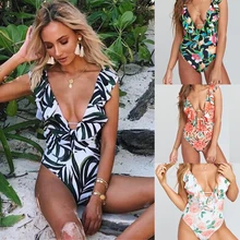 Цельный купальный костюм с рюшами женский купальник с рисунком монокини с высокими вырезами открытый купальный костюм зеленый купальный костюм стринги Maillot De Bain