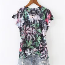 Новое поступление, модные тонкие футболки женские с принтом лилии и круглым вырезом, с коротким рукавом, большие размеры, M-4XL