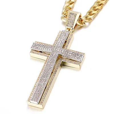 Двойной слой с крестом, ожерелье и кулон для мужчин, со льдом, сияющий Шарм, подвеска с крестом, с кубинской цепочкой, модный подарок на день отца - Окраска металла: Large Gold White