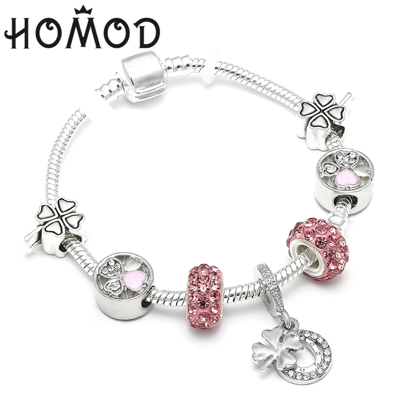 

HOMOD Pink Crystal Four Leaf Clover Heart Charm Bracelet for Women Silver Chain Brand Bracelets Original Pulsera Mujer