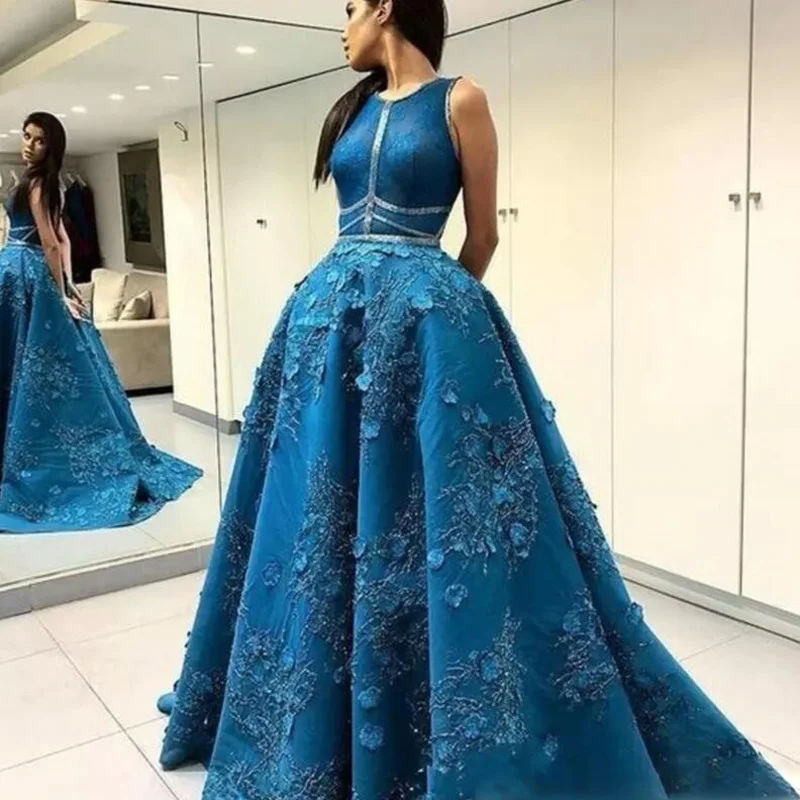 

Gorgeous Turquoise Prom Gowns Jewel 3D Appliques Beads Open Back Long Evening Gowns Count Train Celebrity Formal Party Dresses