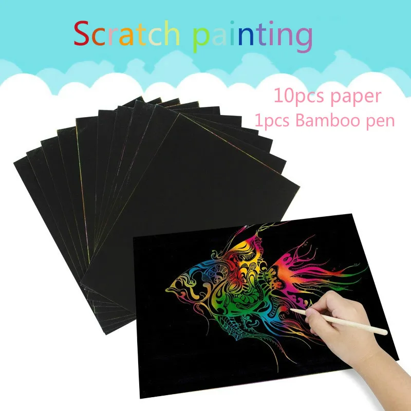 

10 pcs/set Magic Scratch Painting With Drawing Stick Creative Security DIY Handmade Drawing Toys Kids Paper Scraper Best Gift