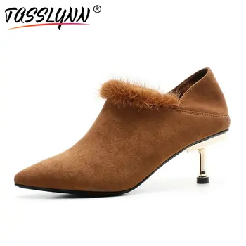 

TASSLYNN 2019 Women Boots Flock Faux Fur Woman Shoes Thin High Heels Slip on Boots Elegant Pointed Toe Office Shoes Size 34-39