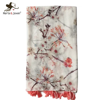 

Marte&Joven Plum Blossom Printed Beige Tassel Scarf Elegant Beach Sunscreen Spring Summer Soft Polyester Long Shawl Ladies Hijab