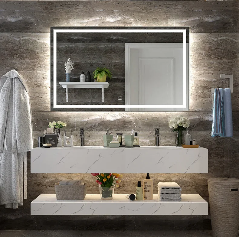 DIYHD جدار جبل Led المضاء مرآة حمام الغرور مانع الضباب مربع مسة ضوء مرآة