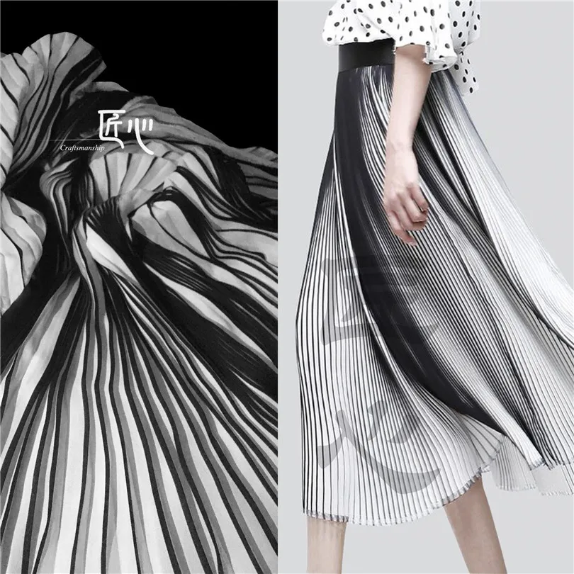50 см* 150 см/шт. Плиссированная дизайнерская ткань двойного цвета в черно-белую полоску, плиссированная ткань для платья с принтом - Цвет: 1
