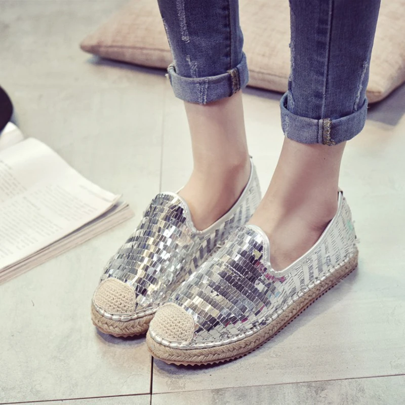 Casual Paille Simple Rétro Femmes Chaussures Chanvre Noir Pêcheur Nouveau argent Plates Sequin 2018 Printemps w41qYzZvxq
