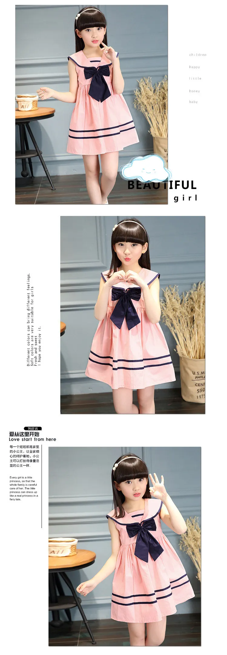 3-12 y girls summer dress sleeveless a-line dresses girl navy style kids dresses for girls princess dress big bow  (2)