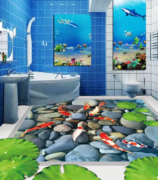 [Самоклеющиеся] 3D серый камень Koi Pond 4 Нескользящие водонепроницаемые фото