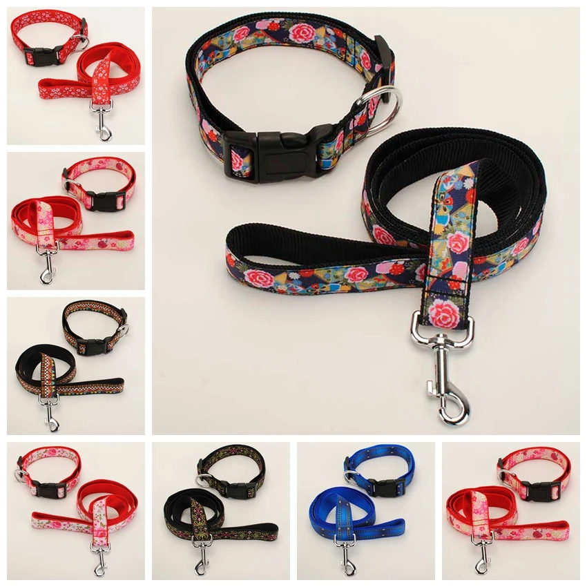

New 2 set for Dog Leash & Dog Collar,1 inch flowers pattern printed ribbon for nylon belt