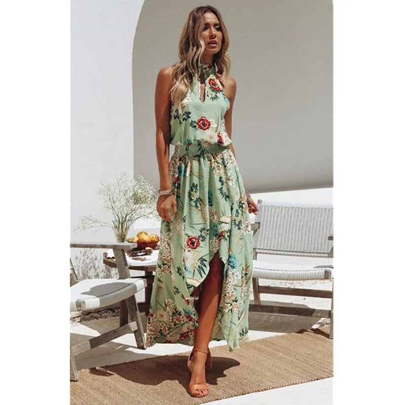 

Fashion Lady Sleeve Bohemian Flower Print Turtleneck Beach Dress Off Shoulder High Waist Vacation Casual Loose Dress Sizes S-XL