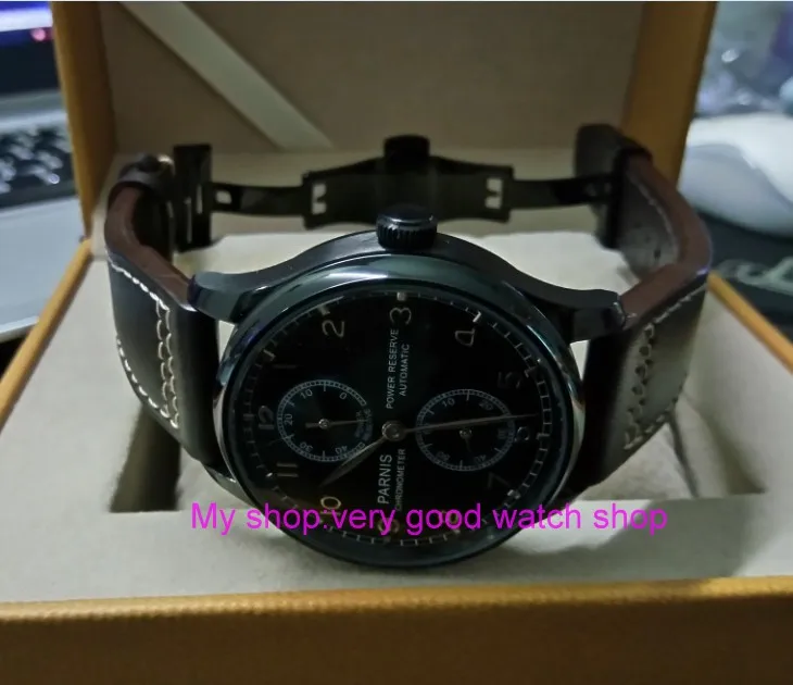 

butterfly buckle 43mm PARNIS pilot power reserve Automatic Self-Wind Mechanical movement men's watch PVD case zdgd93a