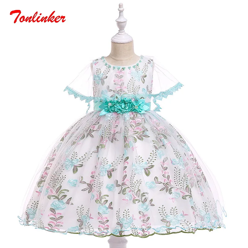 

Girls Embroidery Flowers Lace Phi Yarn Birthday Elegant Princess Tutu Dress Girls Wedding Theme Party Ball Gown Dress