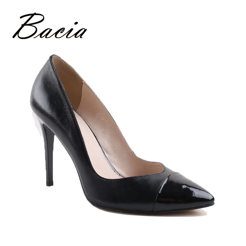 

Bacia Pointed Toe Genuine Leather Shoe Black Women 9.5cm High Heels Sheepskin Pumps zapatos mujer tacon Ladies Party Shoes VA005
