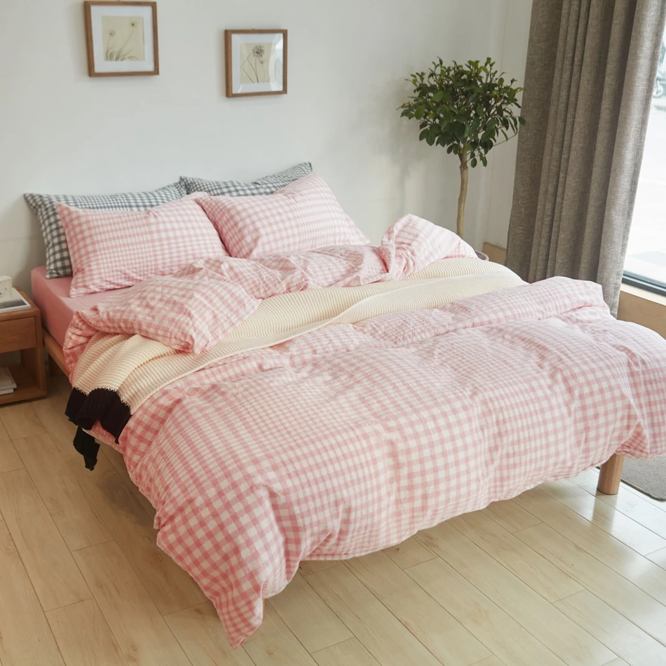 100 washed cotton duvet cover set queen king size pink plaid quilt cover/solid color bed sheets