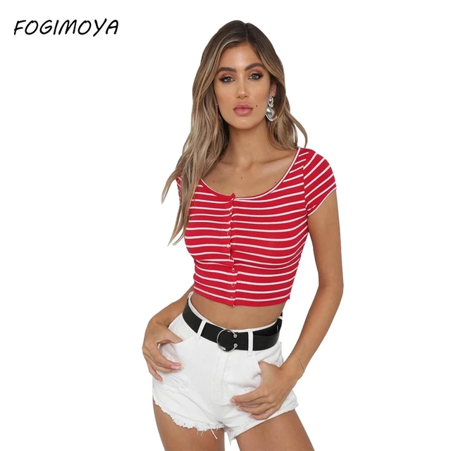 FOGIMOYA короткая футболка Для женщин 2018 Летняя мода полосатый футболки Для женщин s O шеи дырявый пупка топы Короткий рукав Wid футболки Новый