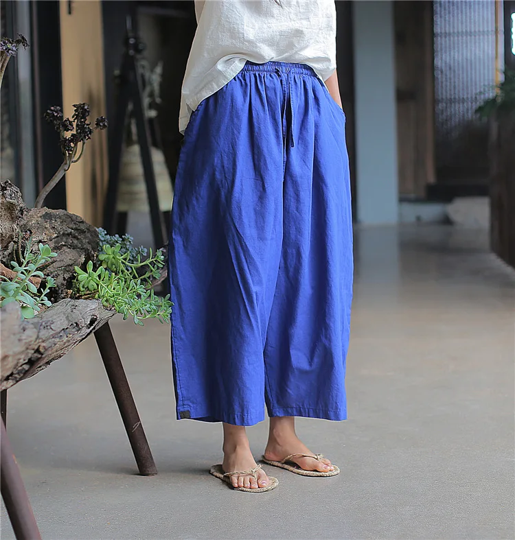 

Women Elastic Waist Ramie Pants 2019 Summer Solid Color Loose Pockets Casual Loose Trousers For Women YoYiKamomo