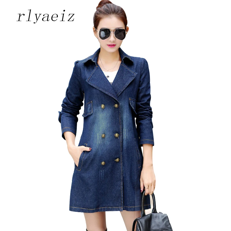

RLYAEIZ Fashion Double Breasted Denim Jacket Women 2017 Spring Middle-long Jeans Jackets Loose Coat jaqueta feminina Plus Size