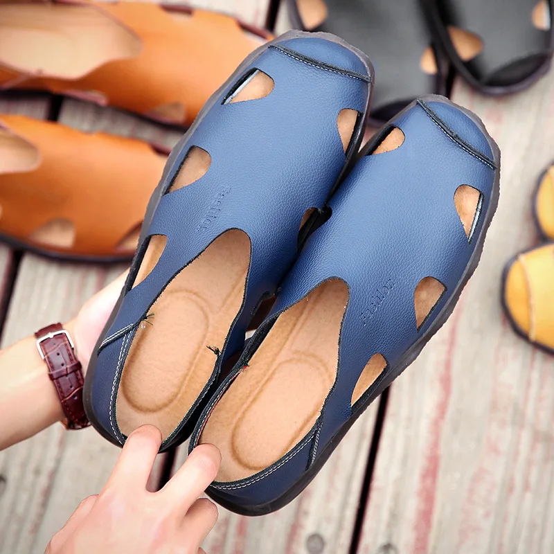 Merkmak Summer Hollow Hole Men's Sandals Spring Solid Genuine Leather Soft Men Footwear Flat Casual Breathable Slip On Man Shoes